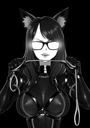 Rule 34 | 1girl, animal ear fluff, animal ears, bodysuit, brassica, breasts, commission, glasses, greyscale, highres, holding, holding leash, large breasts, leash, long hair, medium breasts, monochrome, o-ring, opaque glasses, original, parted lips, solo, upper body