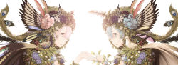 Rule 34 | 10s, 2girls, animal, animal on shoulder, bird, bird on shoulder, blue eyes, blue hair, bug, butterfly, feathers, flower, from side, hands together, highres, insect, leaf, multiple girls, myrt1e, open mouth, peacock feathers, plant, ram (re:zero), re:zero kara hajimeru isekai seikatsu, rem (re:zero), rose, siblings, sisters, twins, white background
