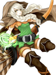 Rule 34 | 1girl, arrow (projectile), azure luna, belt, blonde hair, boots, bow (weapon), braid, breasts, brown eyes, brown footwear, brown thighhighs, cloak, dragon&#039;s crown, elf, elf (dragon&#039;s crown), gloves, highres, hood, leather, leather boots, long hair, pointy ears, shorts, small breasts, solo, thigh boots, thighhighs, twin braids, weapon, zettai ryouiki