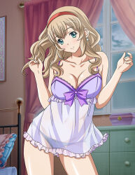 Rule 34 | 1girl, bare arms, bedroom, blue eyes, breasts, cleavage, closed mouth, collarbone, contrapposto, cowboy shot, dress, earrings, frilled dress, frills, hair between eyes, hairband, head tilt, ikkitousen, indoors, jewelry, large breasts, light brown hair, lingerie, long hair, looking at viewer, magatama, magatama earrings, nightgown, panties, red hairband, see-through, see-through dress, short dress, sleepwear, sleeveless, sleeveless dress, smile, solo, sonken chuubou, standing, underwear, very long hair