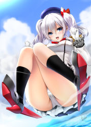 Rule 34 | 1girl, beret, black hat, black socks, blue eyes, blue sky, breasts, commentary request, day, epaulettes, gloves, grey eyes, hat, highres, jacket, kantai collection, kashima (kancolle), kerchief, kneehighs, large breasts, long sleeves, looking at viewer, midair, military jacket, mitarashi kousei, neckerchief, open mouth, outdoors, panties, pantyshot, pleated skirt, red neckerchief, sidelocks, silver hair, skirt, sky, socks, solo, tsurime, twintails, underwear, upskirt, water, wavy hair, white gloves, white jacket, white panties