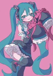 Rule 34 | 1girl, absurdres, aqua eyes, aqua hair, blush, boots, commentary, cross-laced clothes, cross-laced sleeves, detached sleeves, frilled skirt, frilled sleeves, frills, grey shirt, hakudaku, hands up, hatsune miku, headphones, highres, leg up, long hair, looking at viewer, necktie, parted lips, pink background, pink ribbon, ribbon, shirt, simple background, skirt, sleeveless, sleeveless shirt, sleeves past fingers, sleeves past wrists, smile, solo, thigh boots, twintails, very long hair, vocaloid