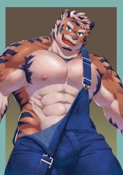 Rule 34 | 1boy, abs, animal ears, bara, bare arms, bare pectorals, beige fur, bulge, cowboy shot, facial hair, fangs, furry, furry male, ganmakaosu, goatee, green eyes, highres, large bulge, large pectorals, looking at viewer, male focus, muscular, muscular male, naked overalls, nipples, open overalls, orange fur, original, overalls, paid reward available, pectorals, paid reward available, short hair, solo, stomach, thick eyebrows, thick thighs, thighs, tiger boy, tiger ears, tiger stripes, two-tone fur