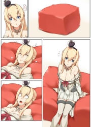 Rule 34 | 10s, 1girl, :o, bare shoulders, bean bag chair, blonde hair, blue eyes, braid, breasts, cleavage, comic, couch, crown, darkmaya, dress, flying sweatdrops, french braid, hairband, kantai collection, large breasts, long hair, mini crown, parted lips, silent comic, sitting, smile, solo, surprised, warspite (kancolle)