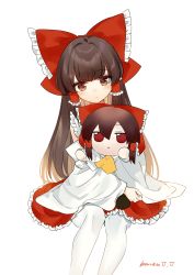 Rule 34 | 1girl, absurdres, brown eyes, brown hair, chinese commentary, commentary request, fumo (doll), hair tubes, hakurei reimu, head tilt, highres, japanese clothes, kanta (pixiv9296614), long hair, miko, hugging object, pantyhose, red eyes, simple background, sitting, touhou, white background