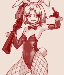 Rule 34 | 1girl, animal ears, aohomekiteru, arm up, bare shoulders, bow, breasts, covered navel, cowboy shot, detached collar, drake (nikke), earrings, fake animal ears, fake tail, finger gun, fishnet pantyhose, fishnets, goddess of victory: nikke, grin, gun, highleg, highleg leotard, holding, holding gun, holding weapon, jewelry, leotard, looking to the side, lowres, pantyhose, playboy bunny, rabbit ears, rabbit tail, sepia, short hair, shotgun, single earring, sketch, small breasts, smile, solo, strapless, strapless leotard, tail, weapon