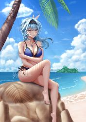 Rule 34 | 1girl, bare arms, bare legs, bare shoulders, barefoot, beach, bikini, black hairband, blue bikini, blue hair, blue nails, blue sky, breasts, brown eyes, cloud, commentary, day, eula (genshin impact), genshin impact, grin, hair ornament, hairband, jewelry, large breasts, long hair, looking at viewer, nail polish, navel, ocean, palm tree, parted lips, pendant, sitting, sky, smile, solo, stomach, swimsuit, thighs, toenail polish, toenails, tree, water, yumiina art