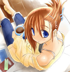 Rule 34 | 00s, 1girl, bare shoulders, barefoot, blue eyes, book, bookmark, brown hair, capri pants, casual, coffee, cup, folded ponytail, from above, hair ornament, hairclip, highres, hiraga matsuri, hirasato, komaki manaka, looking back, looking up, mug, pants, ribbed sweater, sitting, solo, steam, sweater, to heart (series), to heart 2