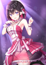 Rule 34 | 1girl, armpits, azki (3rd costume) (hololive), azki (hololive), bare shoulders, black hair, blush, blush stickers, breasts, cleavage, collarbone, colored inner hair, commentary, detached collar, dress, gloves, hair ornament, highres, hololive, looking at viewer, multicolored hair, purple eyes, short hair, simple background, solo, symbol-only commentary, virtual youtuber, white background, wrist cuffs, yuano
