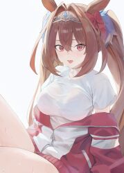 Rule 34 | 1girl, absurdres, animal ears, breasts, brown hair, commentary request, daiwa scarlet (umamusume), gym uniform, highres, horse ears, horse girl, large breasts, looking at viewer, rang go, red eyes, shirt, sitting, solo, thighs, tiara, tracen training uniform, twintails, umamusume, white shirt