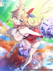 Rule 34 | 1girl, air bubble, azur lane, bare shoulders, blonde hair, braid, breasts, bubble, cheerleader, cross-laced footwear, cross hair ornament, floating hair, green eyes, hair ornament, highres, holding, holding pom poms, large breasts, le temeraire (azur lane), le temeraire (cheering star) (azur lane), looking at viewer, official art, open mouth, pom pom (cheerleading), pom poms, red skirt, riichu, shirt, shoes, skirt, sleeveless, sleeveless shirt, smile, socks, socks over thighhighs, solo, teeth, thighhighs, upper teeth only, white footwear, white socks, white thighhighs, zettai ryouiki