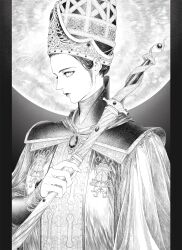 Rule 34 | 1girl, absurdres, brooch, closed mouth, elden ring, greyscale, hand up, headwear request, highres, holding, holding staff, jewelry, looking at viewer, mizuya, monochrome, moon, pillarboxed, rennala queen of the full moon, robe, short hair, solo, staff
