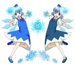 Rule 34 | 2girls, alternate color, black cirno, blue eyes, blue hair, cirno, dual persona, multiple girls, multiple persona, player 2, simple background, snowflakes, touhou