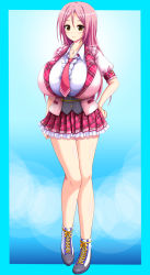 Rule 34 | 1girl, aizawa momoka, blush, breasts, btk, female focus, frilled skirt, frills, full body, hand on own hip, highres, honoo no haramase paidol my star gakuen z, huge breasts, impossible clothes, impossible shirt, long hair, necktie, pink hair, shiny skin, shirt, shoes, simple background, skirt, smile, solo, squeez (artist), white shirt, yellow eyes