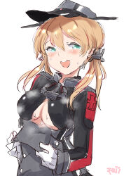 Rule 34 | 1girl, anchor hair ornament, anchor ornament, aqua eyes, artist name, blonde hair, breasts, cleavage, cross, fuji (pixiv24804665), gloves, hair ornament, hat, highres, iron cross, kantai collection, long hair, looking at viewer, low twintails, medium breasts, military hat, military uniform, open mouth, peaked cap, prinz eugen (kancolle), round teeth, simple background, smile, solo, standing, sweat, teeth, twintails, underboob, uniform, upper body, upper teeth only, white background, white gloves