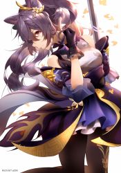 Rule 34 | 1girl, absurdres, autumn leaves, black gloves, black pantyhose, braid, choker, commentary request, detached sleeves, double bun, genshin impact, gloves, hair bun, hair ornament, highres, keqing (genshin impact), kneeling, long hair, looking at viewer, pantyhose, purple eyes, purple hair, river (river ga), sidelocks, simple background, single braid, solo, sword, twintails, weapon, white background, wind