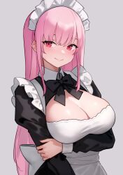 Rule 34 | 1girl, absurdres, alternate costume, apron, arm under breasts, black bow, black bowtie, bluefield, bow, bowtie, breasts, cleavage, closed mouth, enmaided, frills, grey background, highres, hololive, hololive english, large breasts, long hair, looking at viewer, maid, maid apron, maid headdress, mori calliope, pink hair, red eyes, simple background, smile, solo, upper body, very long hair, virtual youtuber