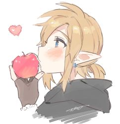 Rule 34 | 1boy, blonde hair, blue eyes, blush, brown gloves, earrings, fingerless gloves, food, from side, fruit, gloves, grey background, hand up, heart, holding, holding food, holding fruit, hood, hood down, jewelry, link, nintendo, pointy ears, ponytail, simple background, solo, the legend of zelda, the legend of zelda: breath of the wild, ttanuu.