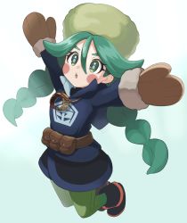 Rule 34 | 1girl, :o, absurdres, arms up, black footwear, black skirt, blue jacket, blue pupils, boots, braid, brown bag, brown mittens, commentary request, creatures (company), ebiura akane, eyelashes, fur-trimmed jacket, fur hat, fur trim, game freak, green hair, green hat, green pantyhose, hair between eyes, hat, highres, hood, hood down, hooded jacket, jacket, long sleeves, mittens, nintendo, open mouth, pantyhose, pokemon, pokemon legends: arceus, sabi (pokemon), skirt, solo, teeth, tongue, twin braids, twintails, upper teeth only