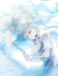 Rule 34 | 1boy, 1girl, aqua hair, blue hair, brother and sister, cape, circlet, closed mouth, dress, closed eyes, fire emblem, fire emblem: the blazing blade, hair ornament, hairband, headband, holding hands, instrument, kuzumosu, long hair, lying, nils (fire emblem), ninian (fire emblem), nintendo, on side, red eyes, scarf, short hair, siblings, simple background, smile, white hairband