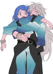 Rule 34 | 1boy, 1girl, archived source, bad id, bad twitter id, belt, black belt, blue eyes, blue hair, blue pants, blue shirt, bracelet, closed eyes, constricted pupils, grey hair, hair ornament, highres, hug, hug from behind, jewelry, king of prism by prettyrhythm, lifting person, long hair, long sleeves, open mouth, pants, pretty rhythm, pretty series, rinne (pretty rhythm), shine (pretty series), shirt, short hair, simple background, smile, swept bangs, white background, zashima