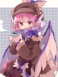 Rule 34 | 1girl, animal ears, bird ears, bird wings, blush, brown coat, brown dress, brown headwear, closed mouth, coat, cup, dress, frilled dress, frills, hair between eyes, highres, holding, holding cup, long sleeves, mittens, mystia lorelei, nikorashi-ka, one-hour drawing challenge, open clothes, open coat, pink eyes, pink hair, short hair, solo, touhou, white wings, winged hat, wings