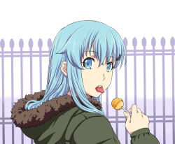 Rule 34 | 1girl, alternate costume, aqua eyes, aqua hair, candy, commentary request, fingernails, food, hair between eyes, holding, holding candy, holding food, ishii hisao, kantai collection, lollipop, long hair, long sleeves, looking back, solo, suzuya (kancolle), teeth, tongue, tongue out