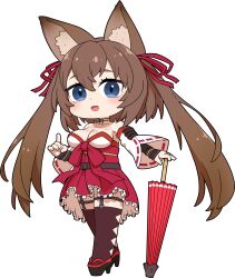 Rule 34 | absurdres, animal ears, bare shoulders, blue eyes, breasts, brown hair, caleen keemosn, chibi, choker, cleavage, commission, detached sleeves, fox ears, fox girl, fox tail, garter belt, garter straps, garters, hair ribbon, heeled sandals, highres, japanese clothes, large breasts, long hair, looking at viewer, mansyontintai, miko, multiple tails, ribbon, runes, smile, star ocean, star ocean anamnesis, tail, thighhighs, transparent background, twintails, very long hair, wagasa
