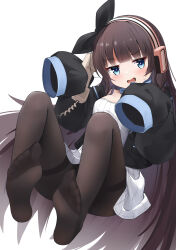 Rule 34 | 1girl, absurdres, antique phone, azur lane, black bow, black jacket, black pantyhose, blue eyes, blush, bow, brown hair, corded phone, hair bow, headphones, highres, holding, holding phone, jacket, knees up, long hair, long island (azur lane), long island (ghostly receptionist) (azur lane), long sleeves, looking at viewer, official alternate costume, open mouth, orange headphones, pantyhose, phone, simple background, sleeves past fingers, sleeves past wrists, solo, sweatdrop, sweater, toes, white background, white sweater, yukiluo