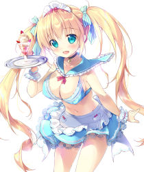Rule 34 | 1girl, apron, aqua eyes, blonde hair, blue skirt, blush, bow, bra, breasts, choker, commentary request, covered erect nipples, food, frills, fruit, hair bow, holding, holding tray, lace, lace-trimmed bra, lace-trimmed skirt, lace trim, large breasts, long hair, looking at viewer, maid headdress, mikeou, navel, open mouth, original, parfait, sailor collar, skirt, smile, solo, standing, strawberry, tray, twintails, underwear, very long hair, waist apron, waitress, white background, wrist cuffs