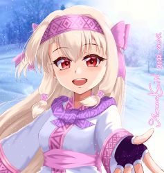Rule 34 | 1girl, 2022, :d, ainu clothes, blonde hair, blush, dated, fate/grand order, fate (series), fingerless gloves, floating hair, gloves, hair between eyes, headband, highres, long hair, looking at viewer, muranakaya gin, open mouth, outdoors, pink headband, purple gloves, reaching, reaching towards viewer, red eyes, sitonai (fate), smile, snow, snowing, solo, upper body