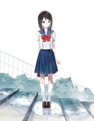 Rule 34 | 1girl, arm behind back, bag, black hair, blue eyes, blue skirt, bow, bowtie, braid, brown footwear, closed mouth, full body, holding, holding bag, kneehighs, loafers, looking at viewer, macciatto (aciel02), original, outdoors, pleated skirt, puddle, red bow, red bowtie, ripples, school bag, school uniform, serafuku, shoes, skirt, smile, socks, solo, stairs, standing, twin braids, white socks