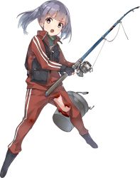 Rule 34 | 1girl, bad id, bad twitter id, blue hair, boots, bucket, dress, fishing rod, full body, kantai collection, konishi (koconatu), official art, ooshio (kancolle), ooshio kai ni (kancolle), purple hair, red track suit, rubber boots, searchlight, shirt, short sleeves, short twintails, solo, torn clothes, track suit, transparent background, twintails, vest