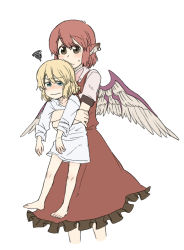 Rule 34 | 2girls, aged down, alice margatroid, angry, barefoot, blouse, blush, bottomless, dress shirt, earrings, feet, female focus, hug, jewelry, lifting person, multiple girls, mystia lorelei, shirt, simple background, squiggle, tears, torinone, touhou, wavy mouth, white background, white shirt, wings
