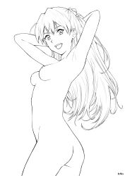 1girl absurdres armpits arms_up ass breasts completely_nude cowboy_shot from_side gluteal_fold highres interface_headset long_hair looking_at_viewer neon_genesis_evangelion nipples nude open_mouth simple_background small_breasts smile souryuu_asuka_langley standing teeth tokai upper_teeth_only variant_set very_long_hair white_background