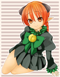 Rule 34 | 1girl, animal ears, bell, black dress, bow, braid, cat ears, commentary request, dress, extra ears, juliet sleeves, kaenbyou rin, long sleeves, puffy sleeves, red eyes, red hair, smile, solo, striped, striped background, touhou, twin braids, zuttokodomo