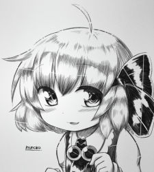 Rule 34 | 1girl, bad id, bad pixiv id, blush, bow, female focus, gradient background, hair bow, inunoko., looking at viewer, monochrome, parody, rumia, solo, style parody, touhou
