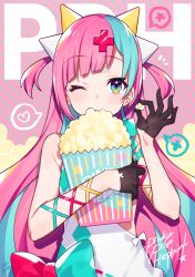 Rule 34 | 1girl, bag, bare shoulders, black gloves, blue eyes, blue hair, bow, character name, diagonal bangs, diagonal stripes, dress, food, gloves, hair ornament, half gloves, highres, holding, holding bag, holding food, long hair, looking at viewer, mika pikazo, multicolored hair, one eye closed, pink background, pink hair, pinky pop hepburn, popcorn, signature, sleeveless, sleeveless dress, solo, spoken x, sports bra, striped, striped background, the moon studio, two-tone hair, two side up, upper body, very long hair, virtual youtuber, white dress, x hair ornament