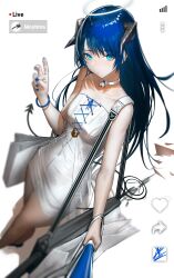 Rule 34 | 1girl, absurdres, arknights, bag, bare shoulders, blue eyes, blue hair, blue nails, bracelet, choker, cross-laced clothes, cross-laced dress, demon horns, detached wings, dress, ganet p, halo, highres, holding, holding stick, horns, jewelry, livestream, long hair, looking at viewer, mostima (arknights), selfie stick, shopping bag, signal bar, solo, stick, strapless, strapless dress, tail, weapon, wings