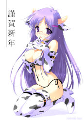 Rule 34 | 1girl, animal ears, animal print, bikini, blush, boots, breasts, cleavage, cow print, elbow gloves, emily (pure dream), front-tie top, glasses, gloves, horns, large breasts, new year, original, purple hair, side-tie bikini bottom, solo, string bikini, swimsuit, thigh boots, thighhighs