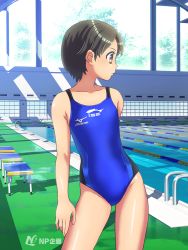 Rule 34 | 1girl, animal print, black hair, blue one-piece swimsuit, brown eyes, collarbone, competition swimsuit, fish print, flat chest, lane line, looking to the side, mizuno (brand), np kikaku, one-piece swimsuit, original, pool, print swimsuit, short hair, standing, swimsuit, water, window