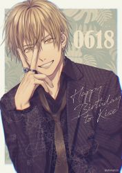 Rule 34 | 1boy, black jacket, black necktie, black shirt, blurry, border, brown eyes, brown hair, character name, collared shirt, commentary request, depth of field, earrings, english text, grin, hair between eyes, happy birthday, jacket, jewelry, kise ryouta, kuroko no basuke, looking at viewer, loose necktie, male focus, mashima shima, necktie, outside border, ring, shirt, short hair, single earring, smile, solo, twitter username, upper body, v over eye, white border