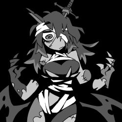 Rule 34 | 1girl, bandaged head, bandages, black background, breasts, broken, broken sword, broken weapon, closed mouth, commentary, copyright request, cowboy shot, disembodied hand, english commentary, greyscale, hands up, horns, impaled, large breasts, long hair, looking at viewer, low wings, monochrome, multicolored hair, solo, stitched face, stitches, sword, two-tone hair, vanripper, weapon, wings
