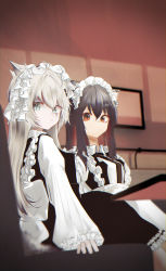 Rule 34 | 2girls, alternate costume, animal ears, apron, arknights, black dress, black hair, black neckwear, breasts, brown eyes, commentary request, dress, enmaided, female focus, grey eyes, hair between eyes, hair ornament, hairclip, highres, indoors, korean commentary, lappland (arknights), long hair, long sleeves, looking at viewer, looking to the side, maid, maid apron, maid headdress, multiple girls, necktie, puffy sleeves, runamonet, scar, scar across eye, scar on face, silver hair, sitting, small breasts, texas (arknights), very long hair, white apron, wolf ears, wolf girl