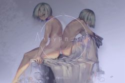 Rule 34 | 2girls, anhypnosis, armpits, arms on knees, artist name, back, back-to-back, bed sheet, belly, dark, dual persona, expressionless, flat chest, green eyes, hair between eyes, highres, holding, holding clothes, holding skirt, legs together, looking at viewer, looking away, multiple girls, neck, nude, original, ribs, signature, simple background, skinny, skirt, unworn skirt, stain, stomach, white background, white hair