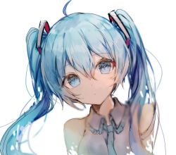 Rule 34 | 1girl, ahoge, bad id, bad pixiv id, bare shoulders, blue eyes, blue hair, blue necktie, blurry, depth of field, detached sleeves, digital dissolve, frilled shirt, frills, grey shirt, hatsune miku, highres, long hair, looking at viewer, necktie, ptmko d, shirt, simple background, solo, tareme, twintails, upper body, vocaloid, white background