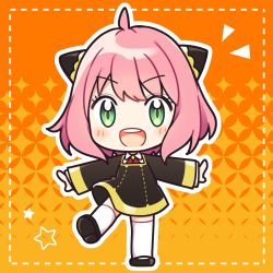 Rule 34 | 1girl, :d, ahoge, anya (spy x family), black dress, black footwear, blouse, blush, chibi, child, collared shirt, commentary request, dotted line, dress, green eyes, long sleeves, looking at viewer, multicolored hair, open mouth, orange background, outline, pink hair, round teeth, ryuuka sane, shirt, shoes, sleeves past wrists, smile, solo, spy x family, standing, standing on one leg, teeth, thighhighs, two-tone hair, upper teeth only, white outline, white shirt, white thighhighs