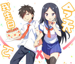 Rule 34 | 1boy, 1girl, birthday cake, black eyes, black hair, black pants, black thighhighs, blue skirt, blush, brown eyes, brown hair, cake, candle, closed mouth, commentary request, confetti, food, fruit, hair over one eye, hatsunatsu, locked arms, long hair, looking at viewer, ok sign, original, pants, parted bangs, parted lips, pleated skirt, red neckwear, school uniform, serafuku, shirt, short sleeves, skirt, strawberry, thighhighs, translation request, tsurime, very long hair, white shirt