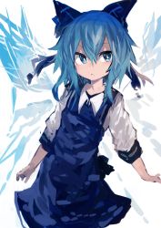 Rule 34 | 1girl, :&lt;, absurdres, arms at sides, blue dress, blue eyes, blue hair, bow, bright pupils, cirno, cowboy shot, dress, hair between eyes, hair bow, highres, ice, ice wings, kaamin (mariarose753), shirt, simple background, solo, standing, touhou, white background, white pupils, white shirt, wing collar, wings