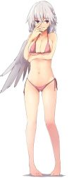 Rule 34 | 1girl, bare arms, bare legs, bare shoulders, barefoot, bikini, blush, braid, breast hold, breasts, cleavage, closed mouth, collarbone, covering face, embarrassed, french braid, frown, full body, kamukamu (ars), kishin sagume, large breasts, legs apart, looking at viewer, navel, pink bikini, red eyes, ribbon, short hair, side-tie bikini bottom, silver hair, single wing, solo, standing, stomach, swimsuit, thighs, touhou, tsurime, white background, white wings, wings
